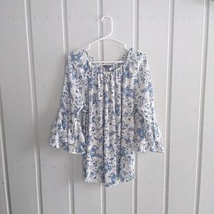 L Women's Blue Floral Bell Sleeve Blouse